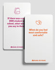 Two cards with questions on a light gray background