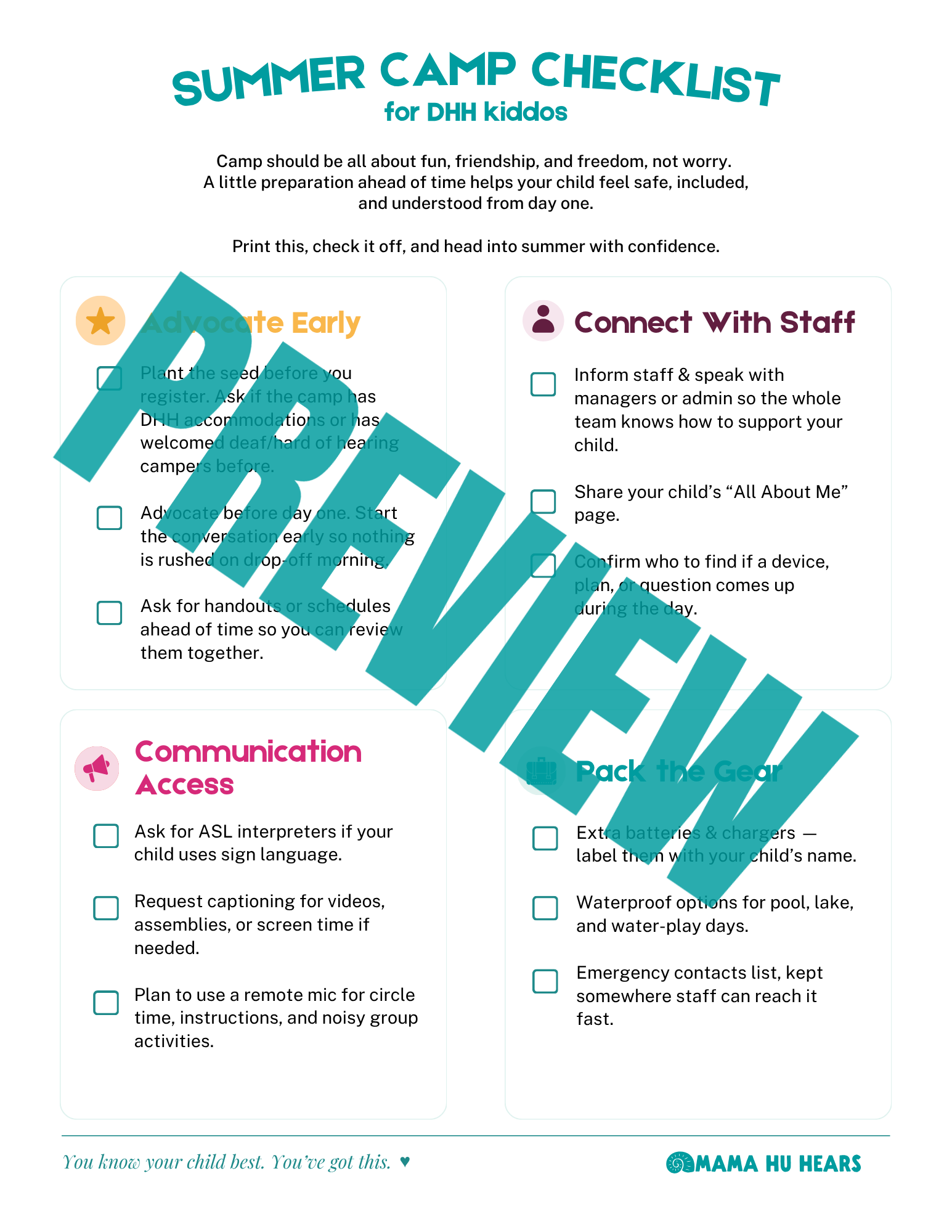 Mama Hu Hears Summer Camp Checklist printable for deaf and hard of hearing kids.